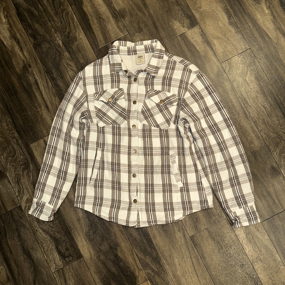 Banded Flannel Plaid Shacket Jacket Snap Button Lined Men's Medium White & Brown